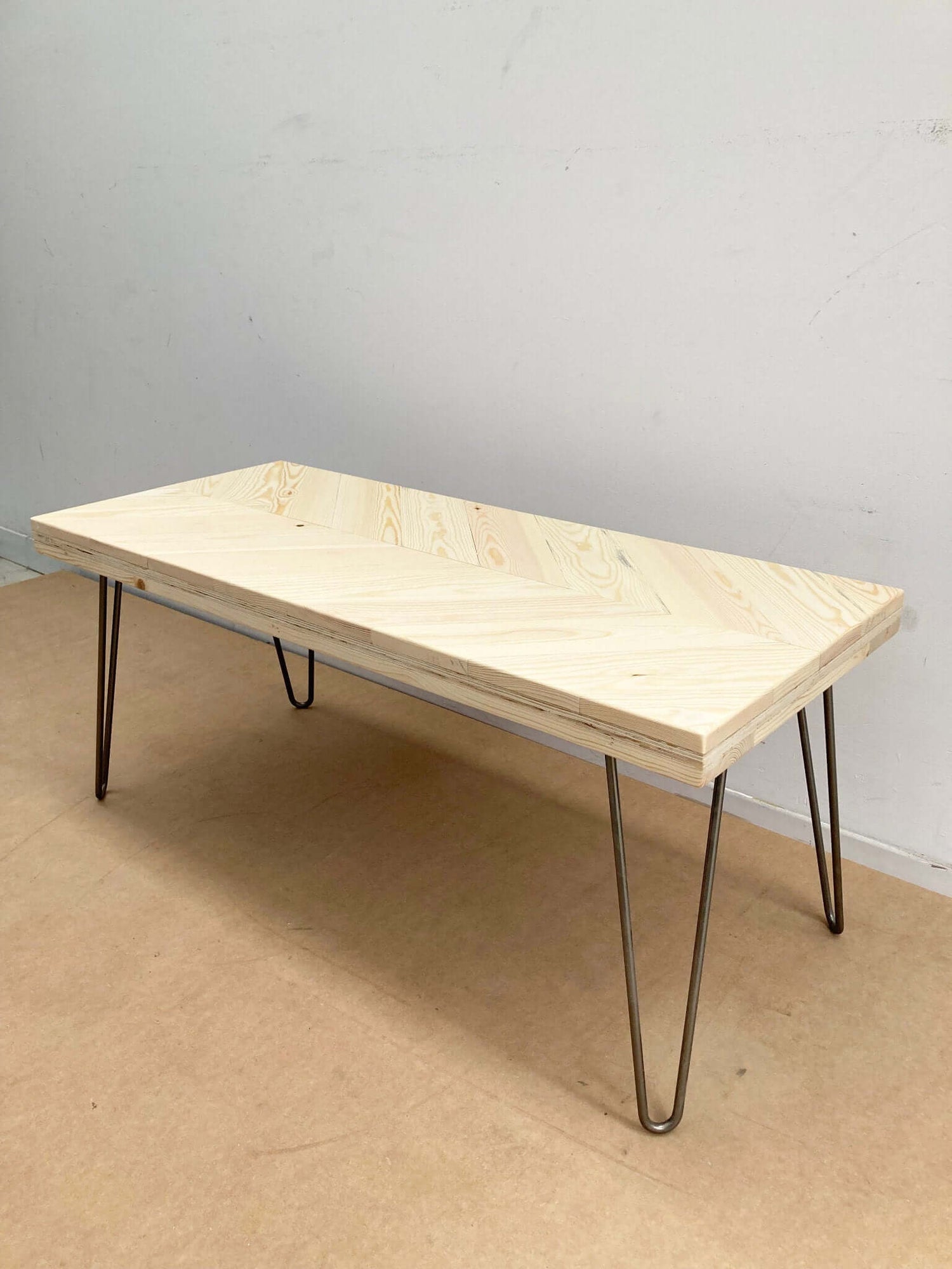 repurposed wood coffee tables with hairpin style legs