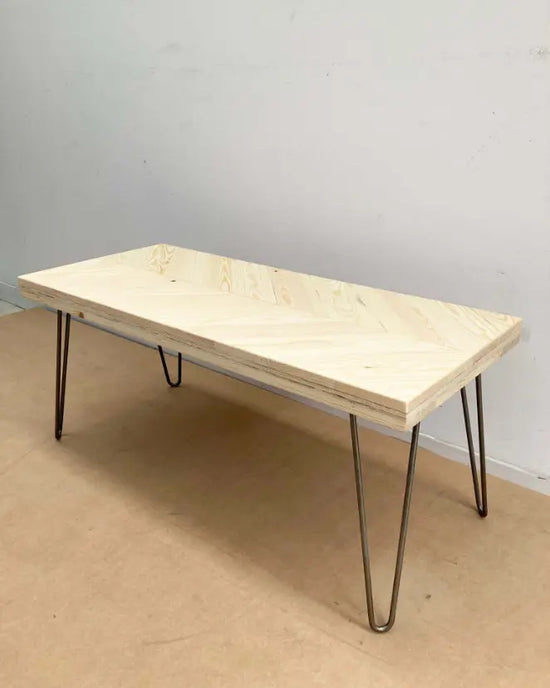 repurposed wood coffee tables with hairpin style legs