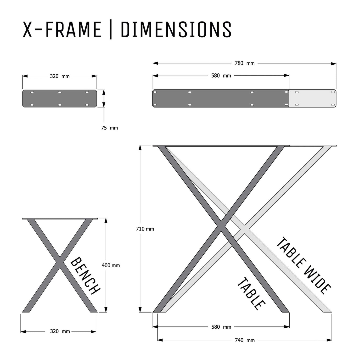 Industrial legs X-Frame Dimensions