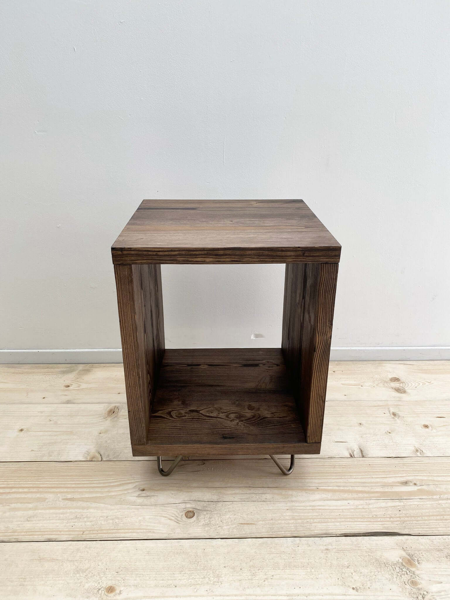 Reclaimed wood side table cube with hairpin legs.